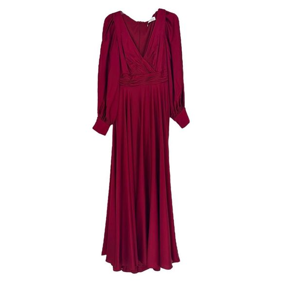 Mac Duggal‎ Flowy Split Bishop Sleeve Wine Faux Wrap Gown Dress Size 8 Women's - Picture 3 of 15